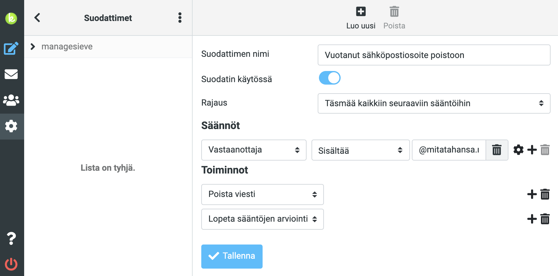 Suodatinsääntö Roundcube-webmailissa